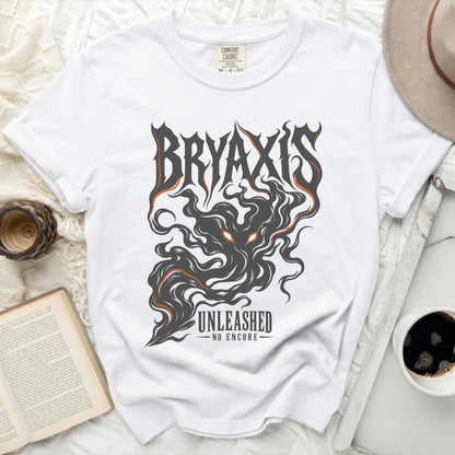 White t-shirt with "BRYAXIS UNLEASHED NO ENCORE" text and graphic design.