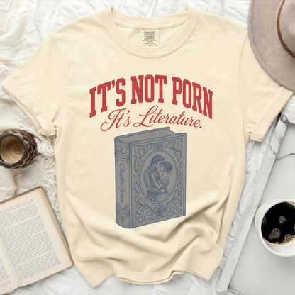 T-shirt with "IT'S NOT PORN It's Literature." and a vintage book graphic.