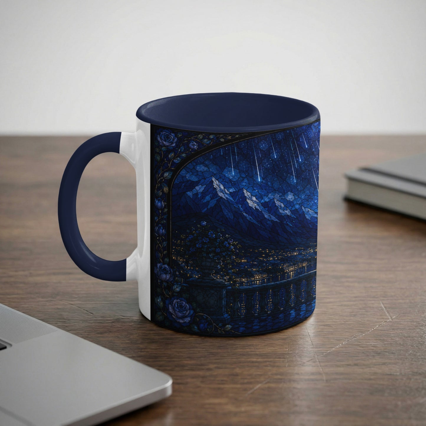 White mug with dark blue handle and rim, featuring stained glass cityscape under starry sky.