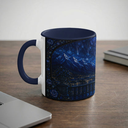 White mug with dark blue handle and rim, featuring stained glass cityscape under starry sky.