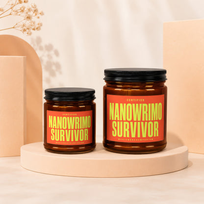 Two amber jars with black lids, labeled "Certified Nanowrimo Survivor".