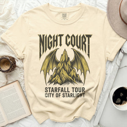 Cream t-shirt with "NIGHT COURT STARFALL TOUR CITY OF STARLIGHT" graphic.