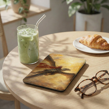Tablet case with dragon artwork, next to a matcha drink and croissant.