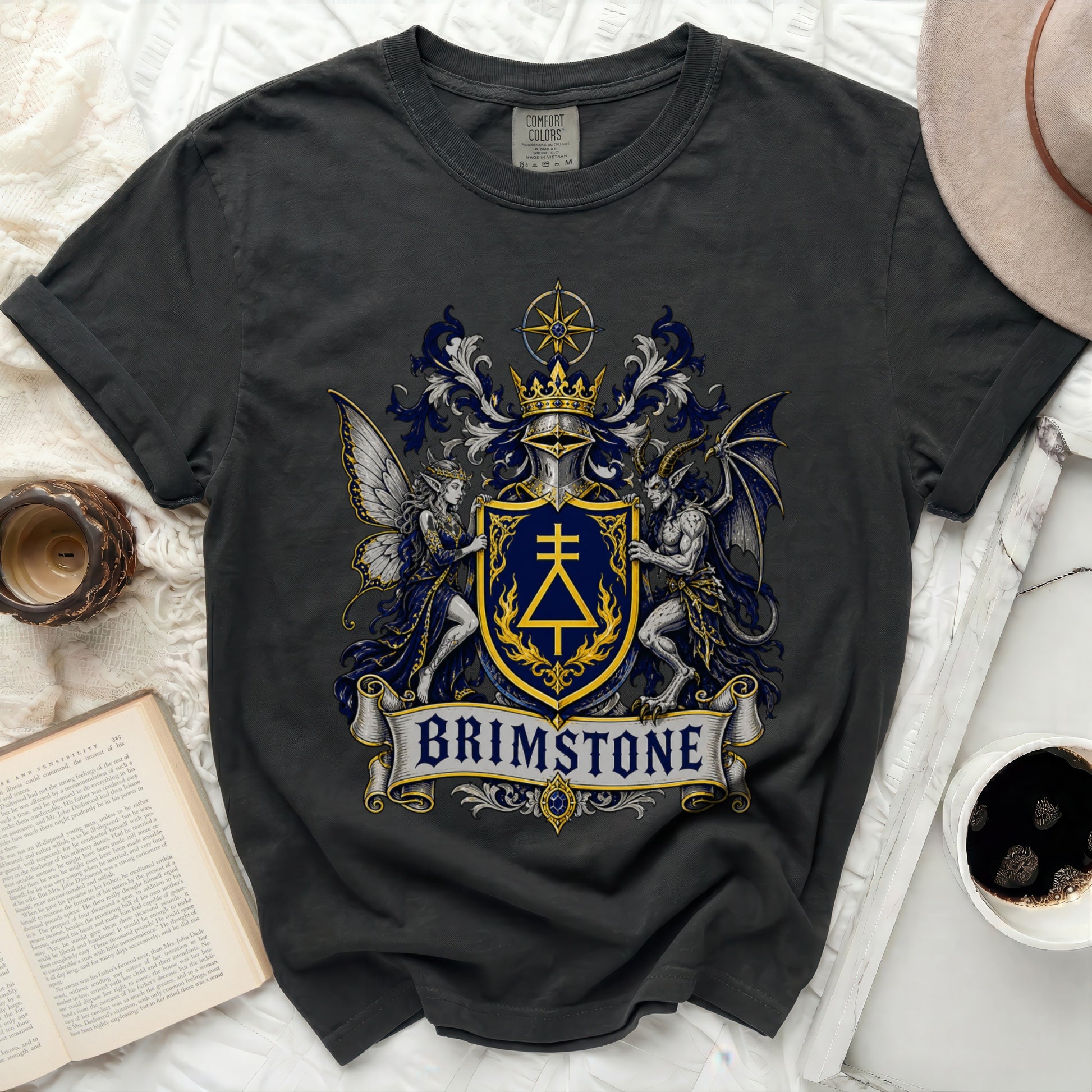 Dark t-shirt featuring a medieval crest with text "BRIMSTONE" on a banner.