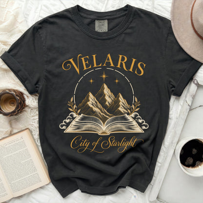 Dark gray t-shirt with "Velaris City of Starlight" design and mountains.