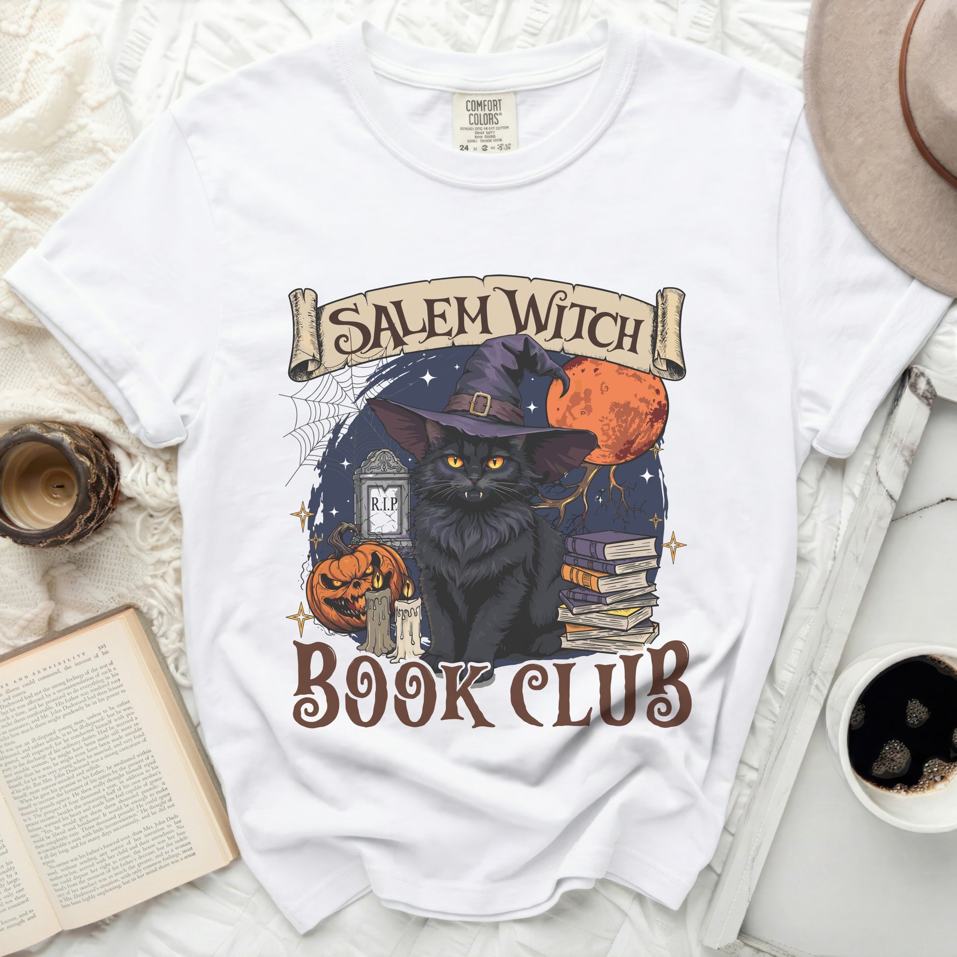 Black cat in witch hat with Salem Witch Book Club graphic.
