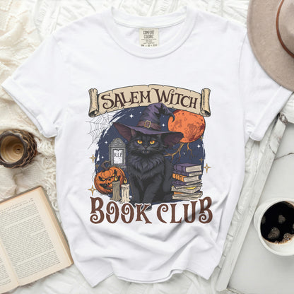 Black cat in witch hat with Salem Witch Book Club graphic.