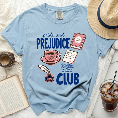 Light blue t-shirt with "Pride and Prejudice Club" graphic, featuring Jane Austen book and teacup.