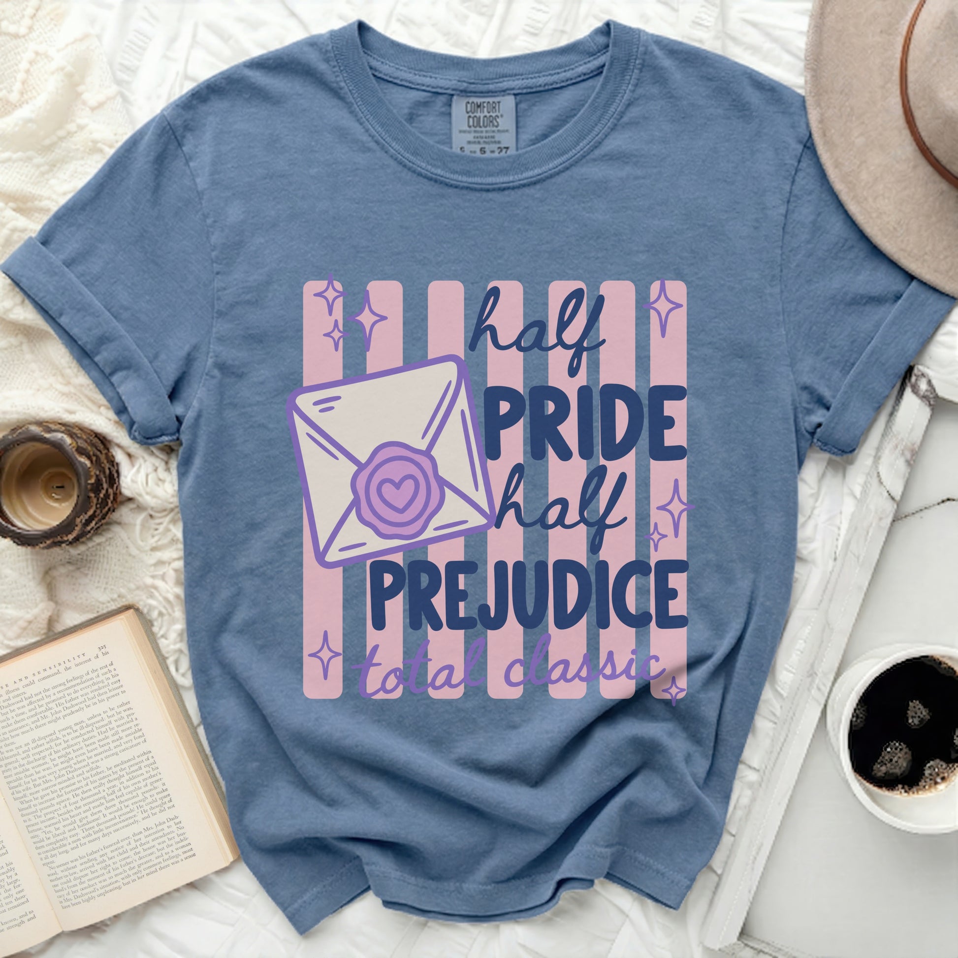 T-shirt with "half pride half prejudice total classic" text design