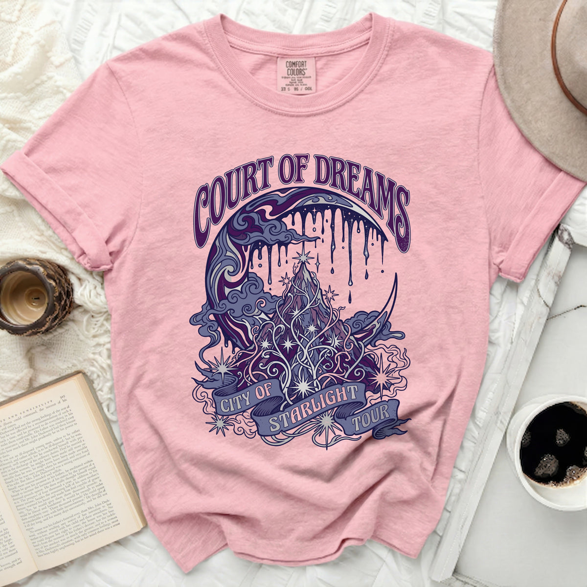 Pink t-shirt with "COURT OF DREAMS CITY OF STARLIGHT TOUR" graphic.