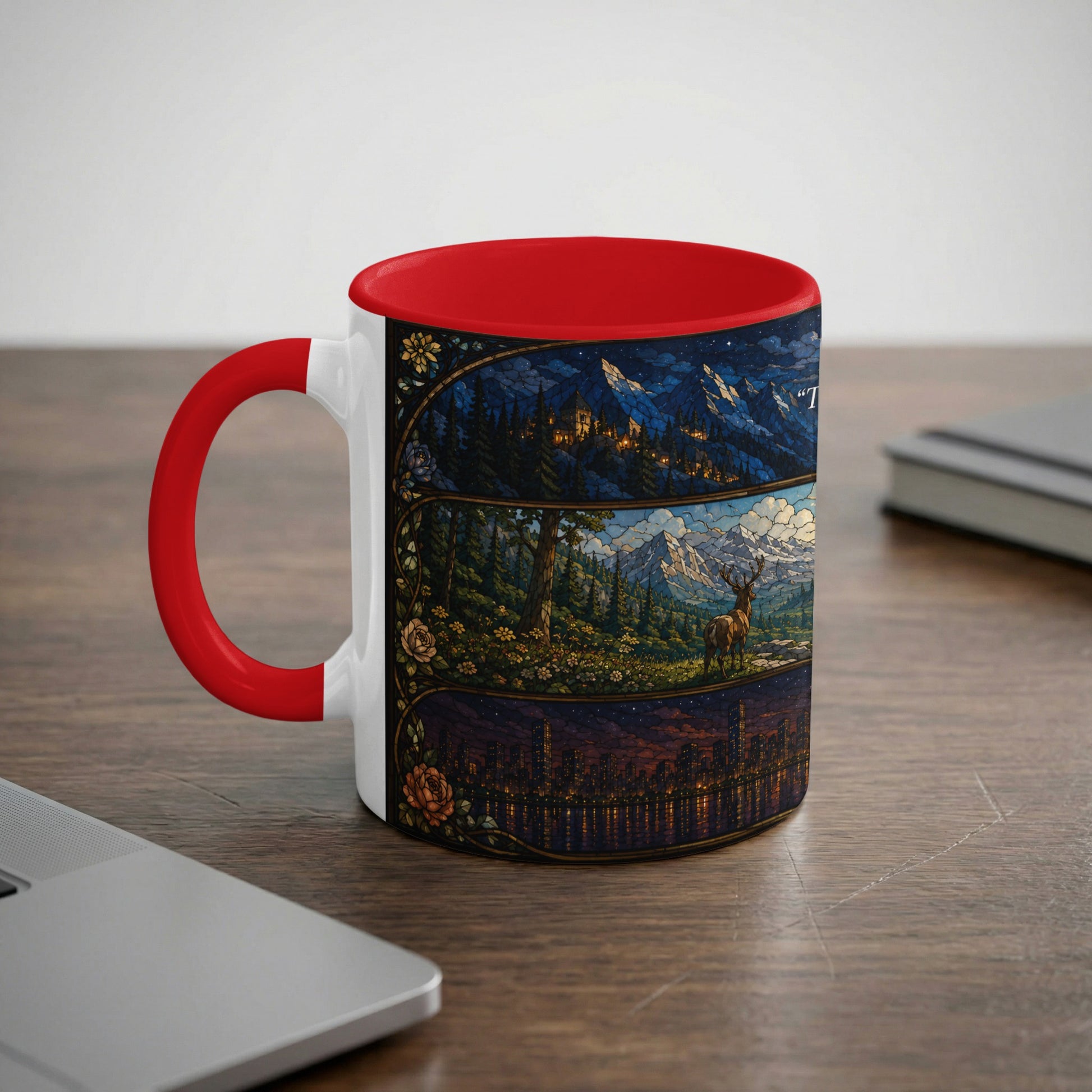 White mug with red handle featuring a three-panel stained-glass art design.