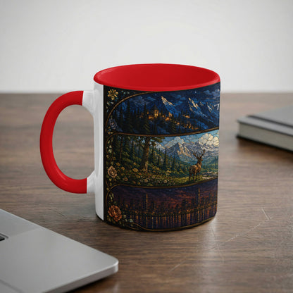 White mug with red handle featuring a three-panel stained-glass art design.