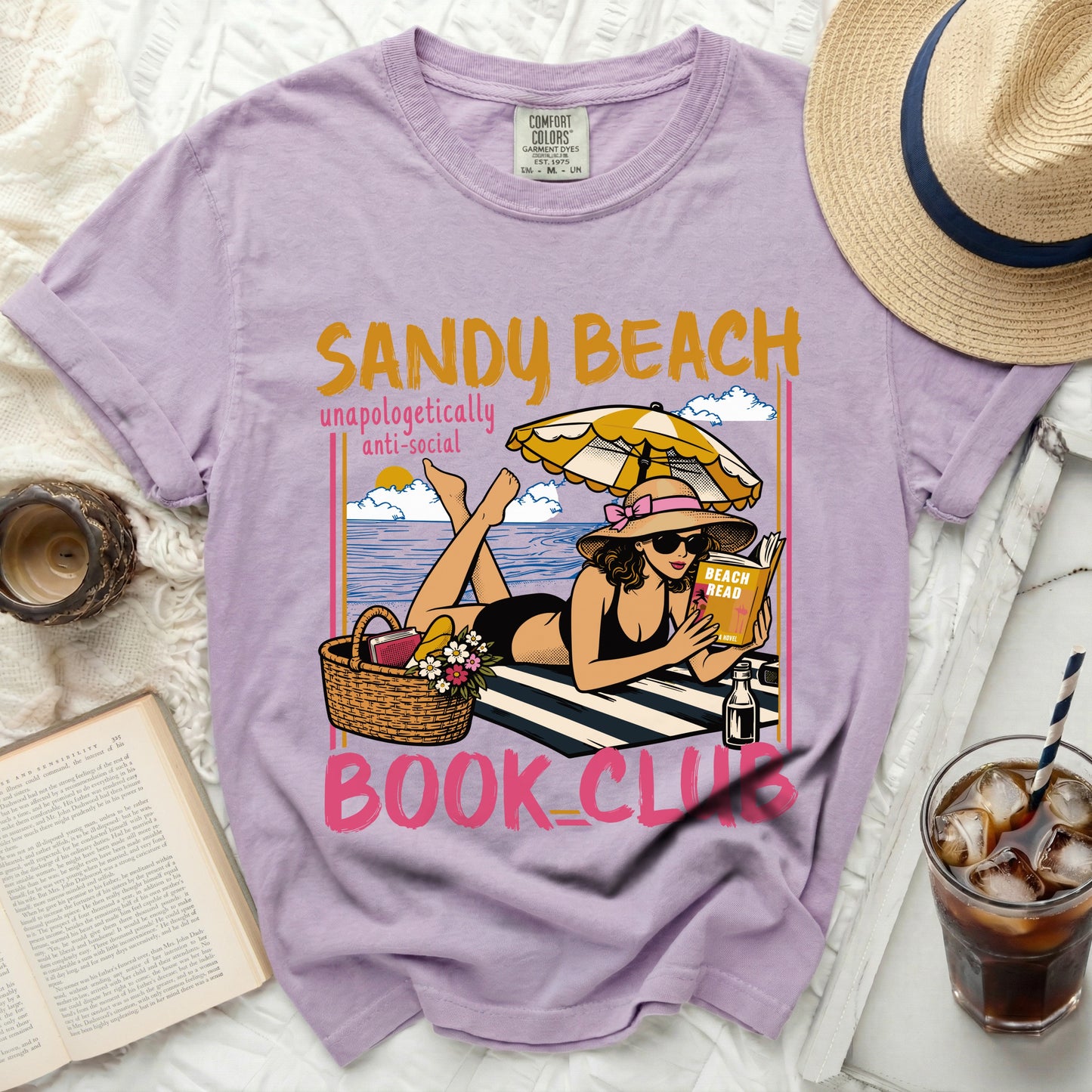 Purple t-shirt with graphic: Sandy Beach, unapologetically anti-social, Book Club.