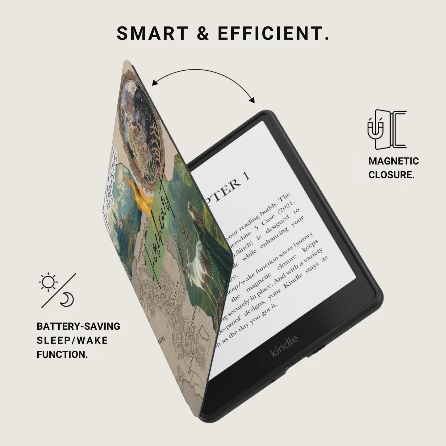 Kindle e-reader with cover, "Smart & Efficient" text, and battery-saving features.