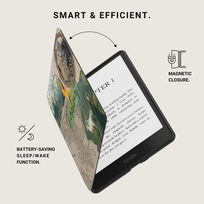 Kindle e-reader with cover, "Smart & Efficient" text, and battery-saving features.