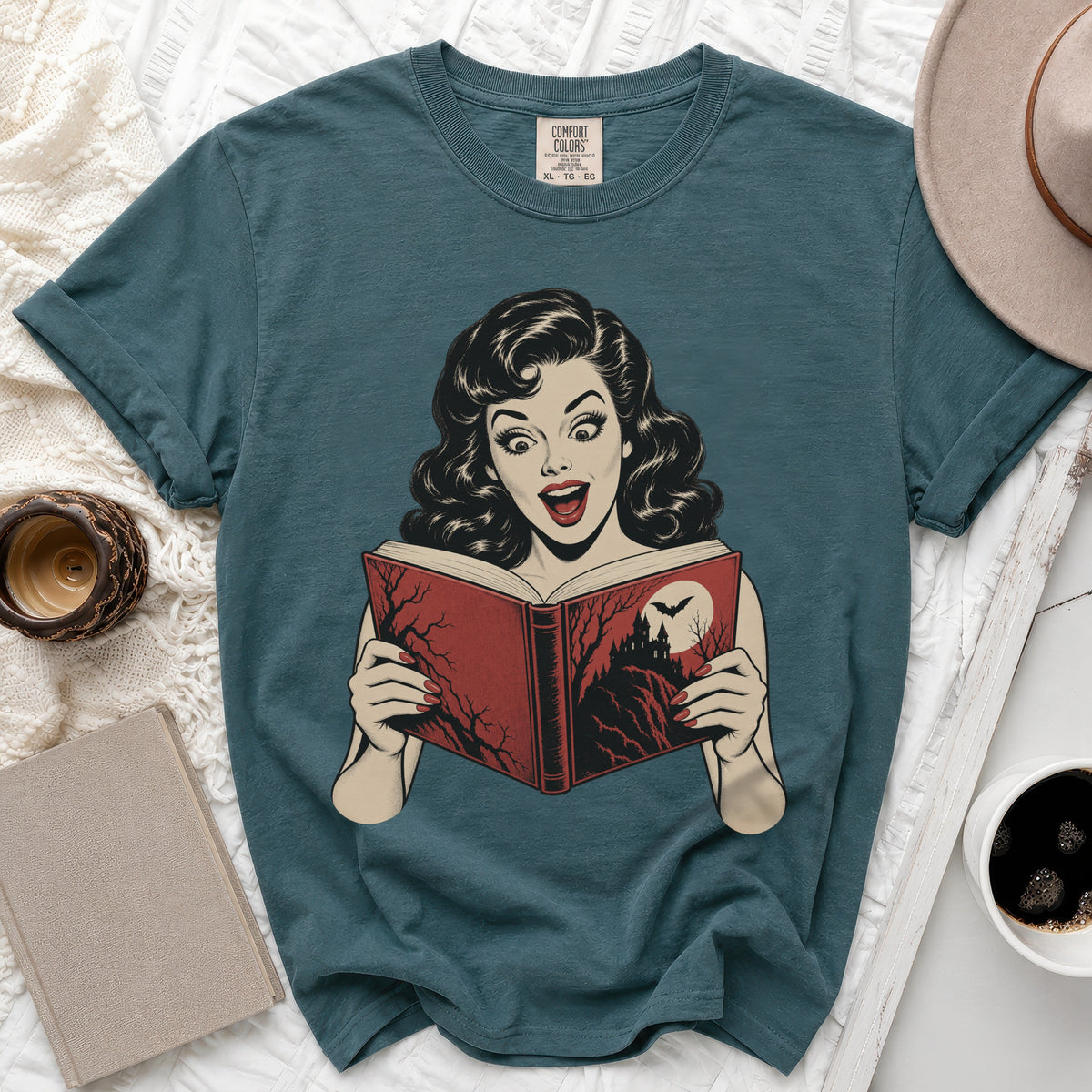 Retro comic style woman with surprised expression reading a book with a spooky scene.