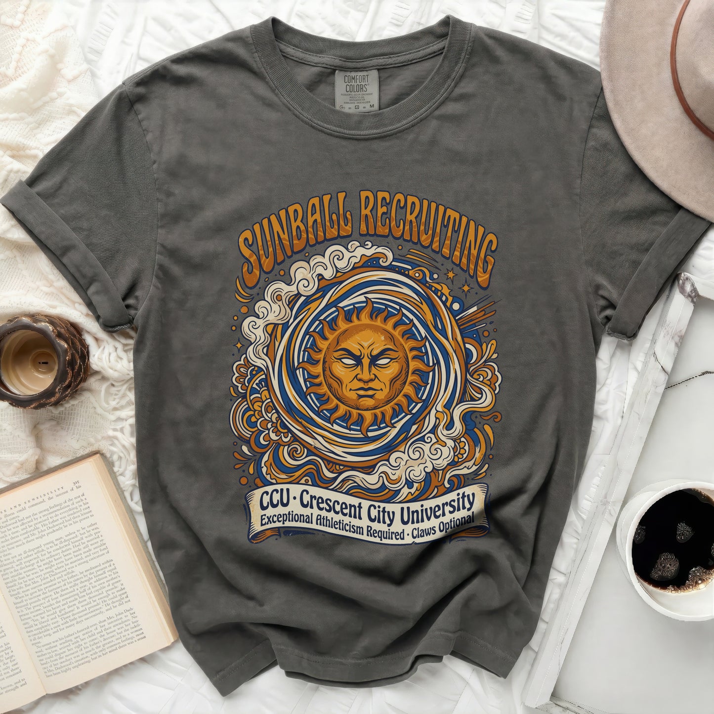 Dark grey t-shirt with sun, claws, and "Sunball Recruiting CCU" text.