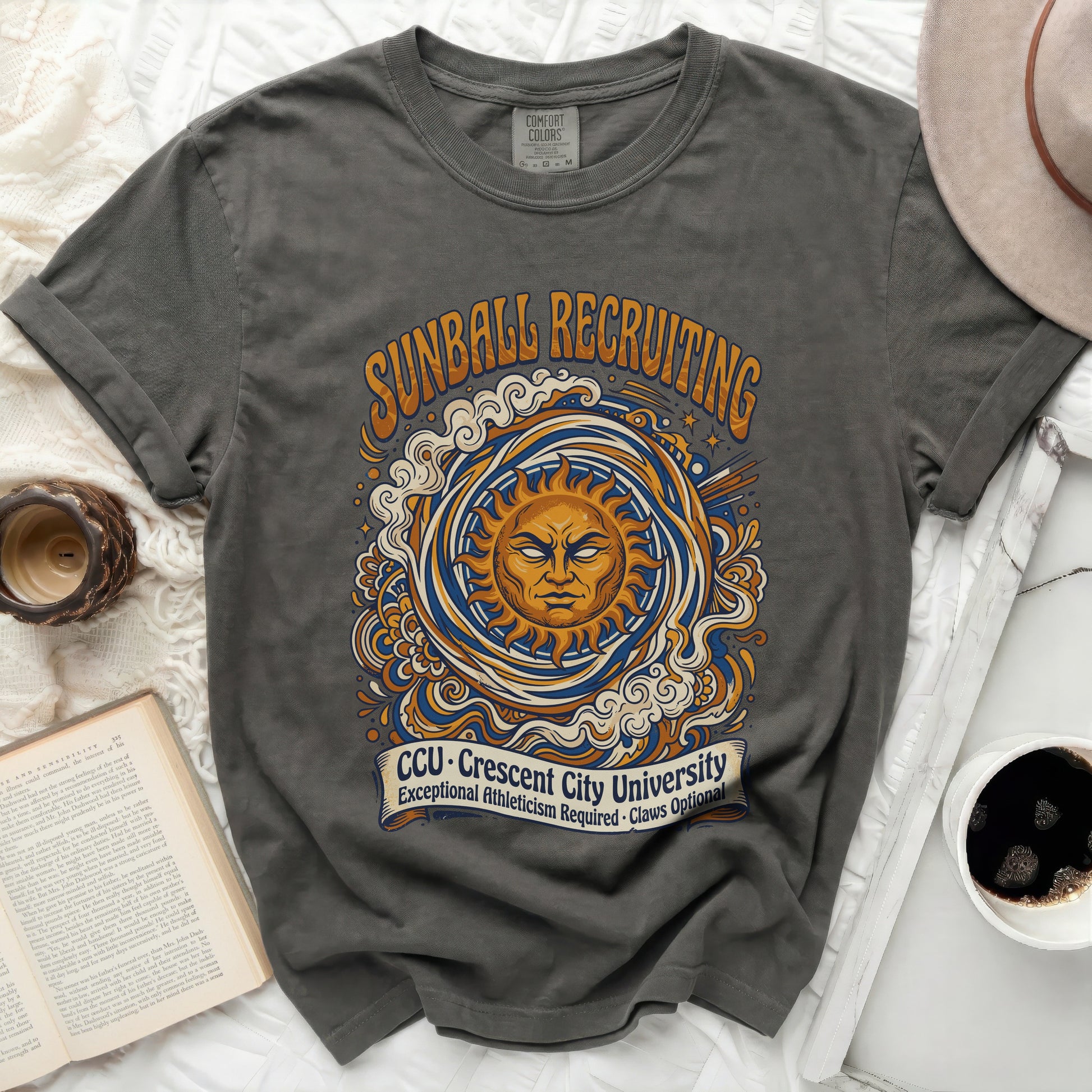 Dark grey t-shirt with sun, claws, and "Sunball Recruiting CCU" text.