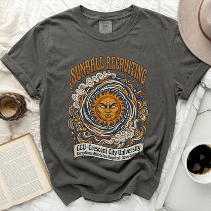Dark grey t-shirt with sun, claws, and "Sunball Recruiting CCU" text.