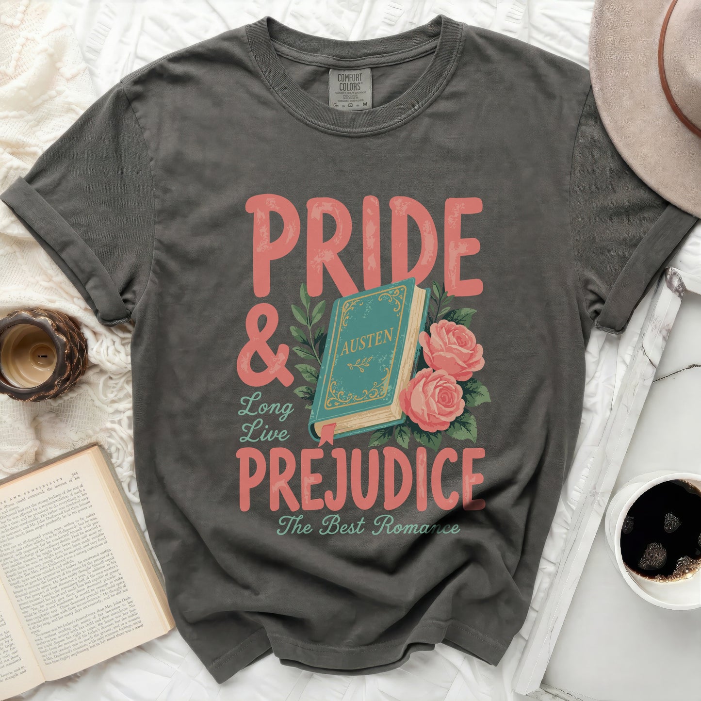 Pride & Prejudice faded t-shirt with Austen book and roses graphic.