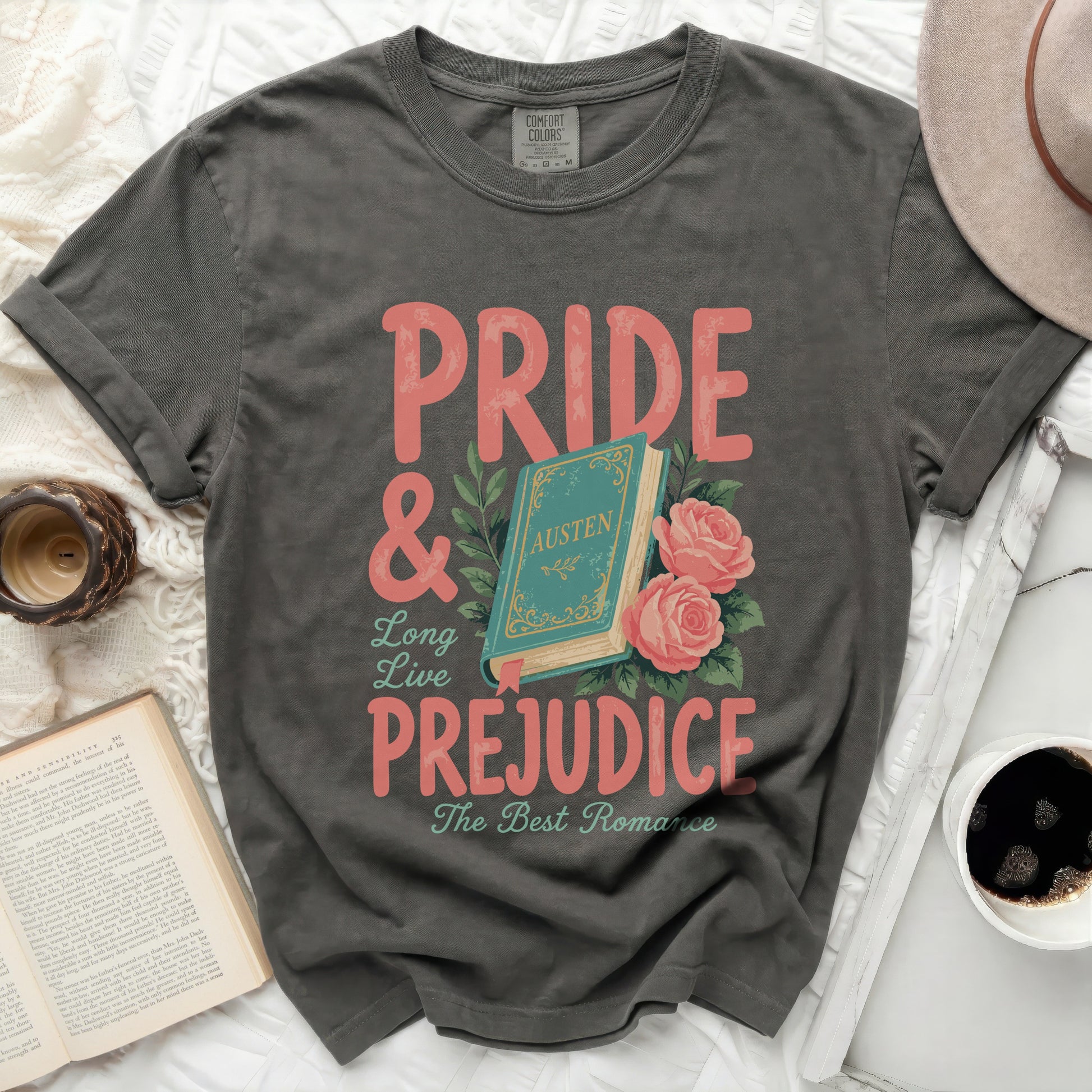 Pride & Prejudice faded t-shirt with Austen book and roses graphic.