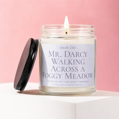 Glass jar candle with "Mr. Darcy Walking Across a Foggy Meadow" label.