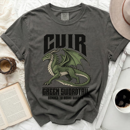 Dark gray t-shirt with green dragon design and text "CUIR GREEN SWORDTAIL BONDED TO BODHI DURRAN".