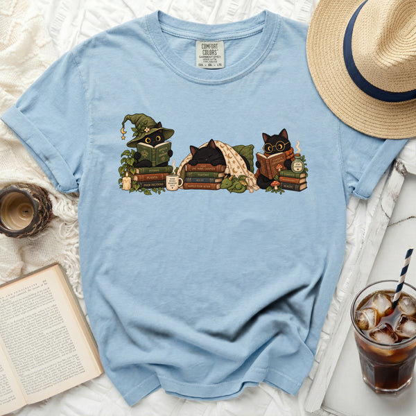 Cozy Bookish Cats Tee in Chambray