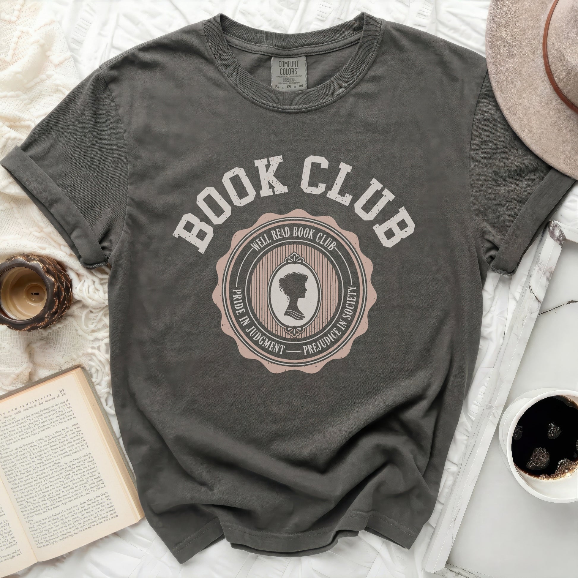 Book Club graphic tee with silhouette and quote, "Pride in Judgment - Prejudice in Society."