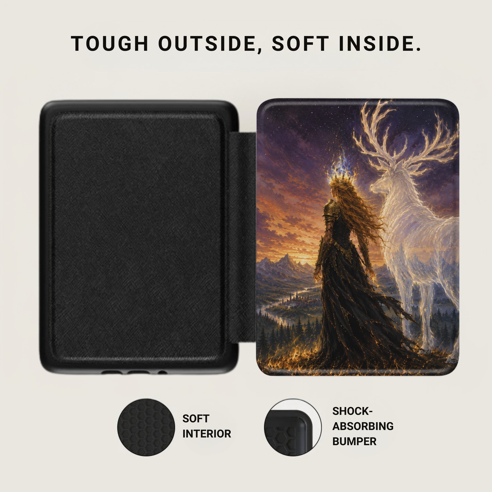 Case open showing black interior and stylized fantasy art on the exterior.