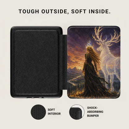 Case open showing black interior and stylized fantasy art on the exterior.