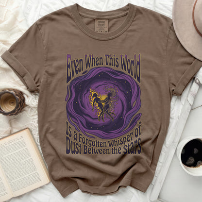 Brown t-shirt with purple and yellow celestial art and text.