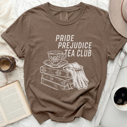 Brown t-shirt with "Pride Prejudice Tea Club" graphic.