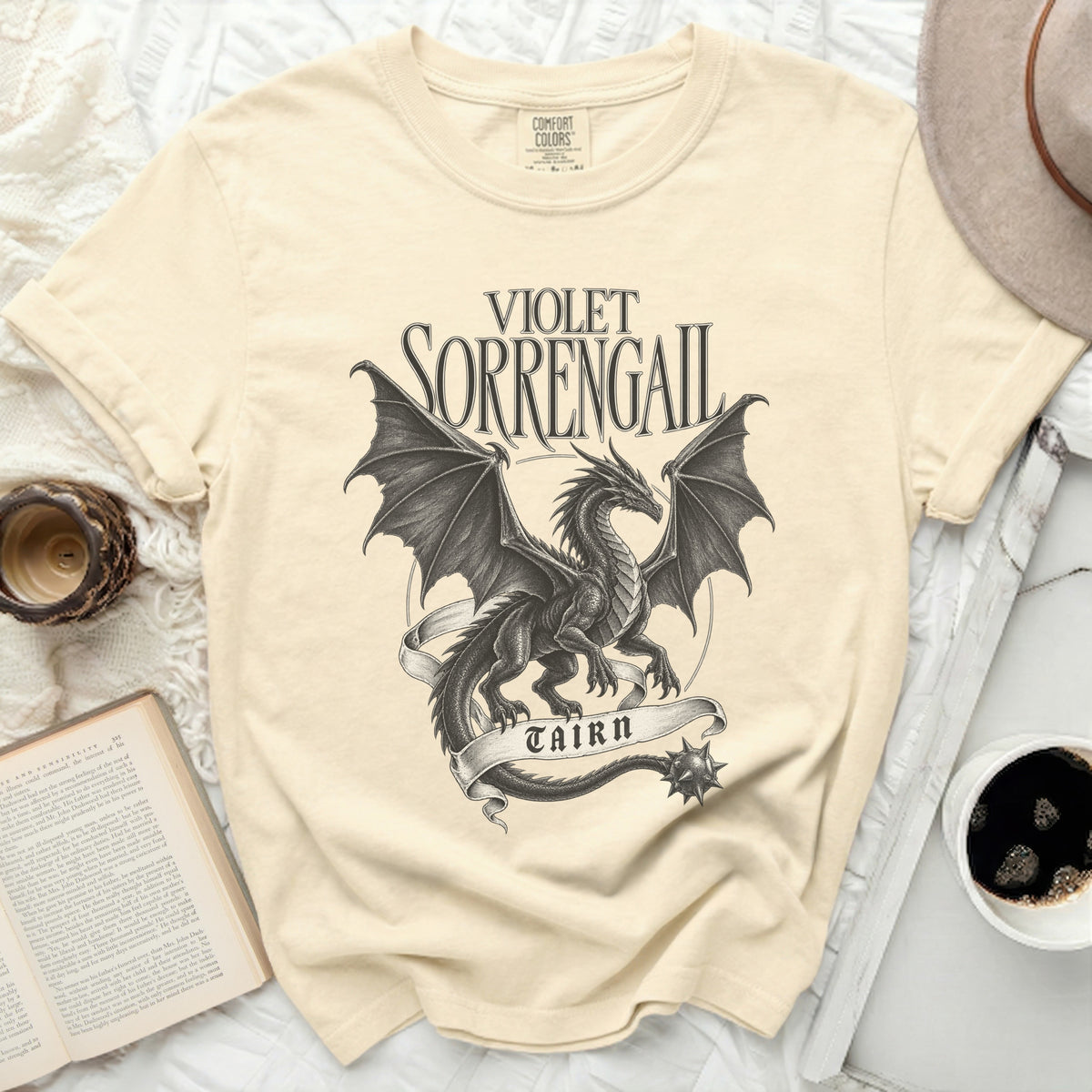 Cream t-shirt with black dragon graphic and text "Violet Sorrengail Tairn".