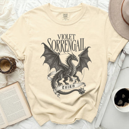 Cream t-shirt with black dragon graphic and text "Violet Sorrengail Tairn".