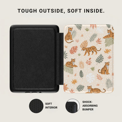 Black case exterior and tiger pattern interior with text TOUGH OUTSIDE, SOFT INSIDE.