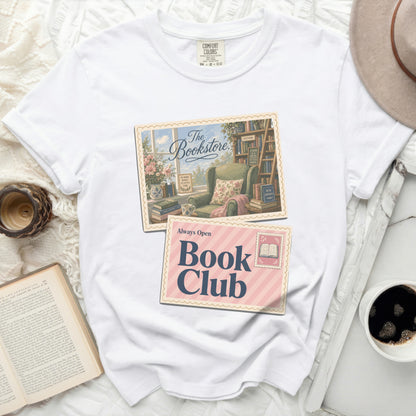 White t-shirt with "Bookstore" and "Book Club" graphic.