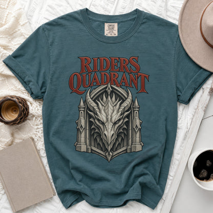 Teal Comfort Colors t-shirt with "Riders Quadrant" and dragon graphic.