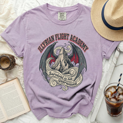 Purple t-shirt with "Illyrian Flight Academy" and winged mountain graphic.