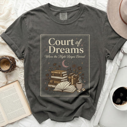 T-shirt with "Court of Dreams Where the Night Reigns Eternal" book design.
