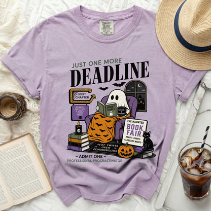 Ghost reading with "Just one more deadline" text and Halloween theme.