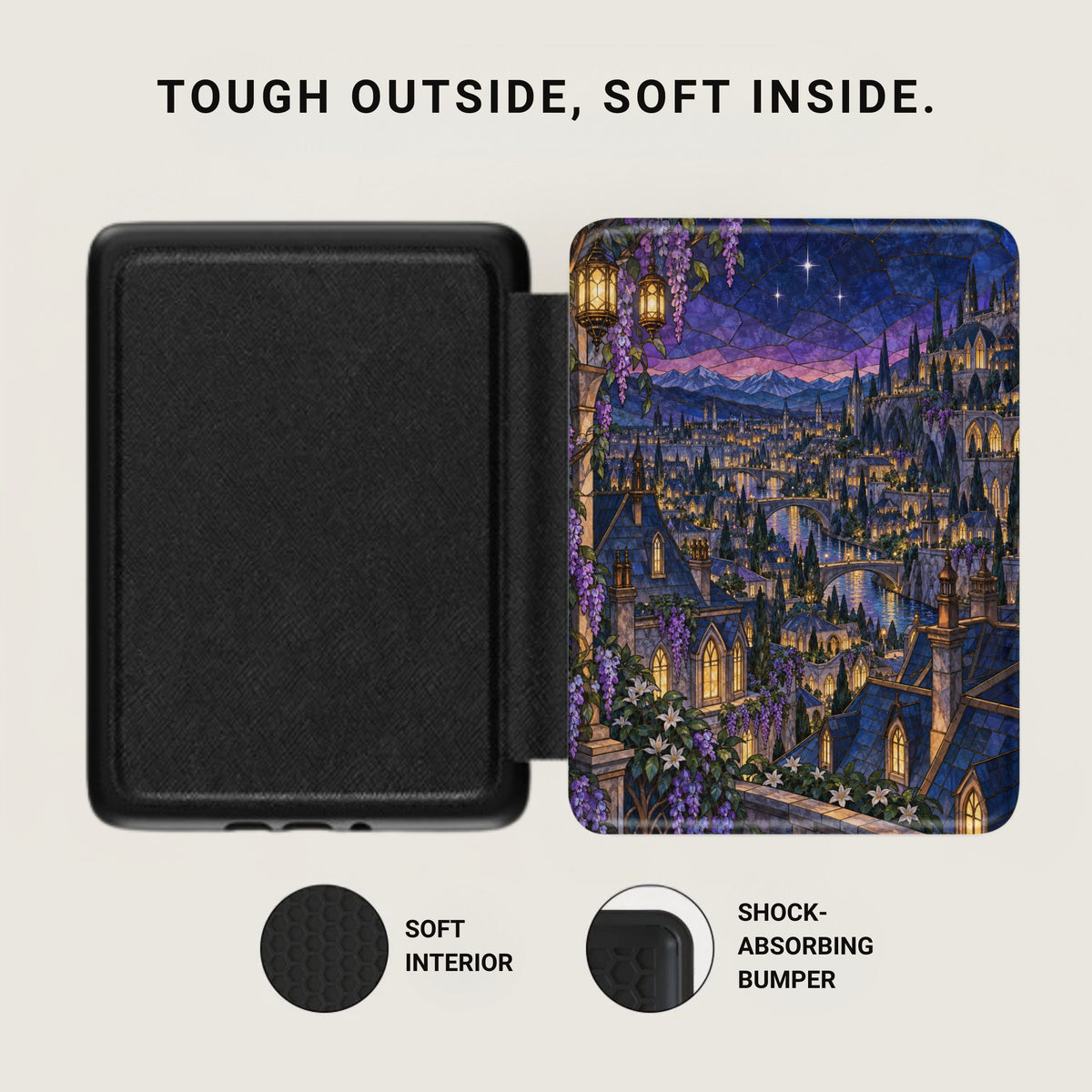 Black case with patterned exterior, soft interior, and shock-absorbing bumper.