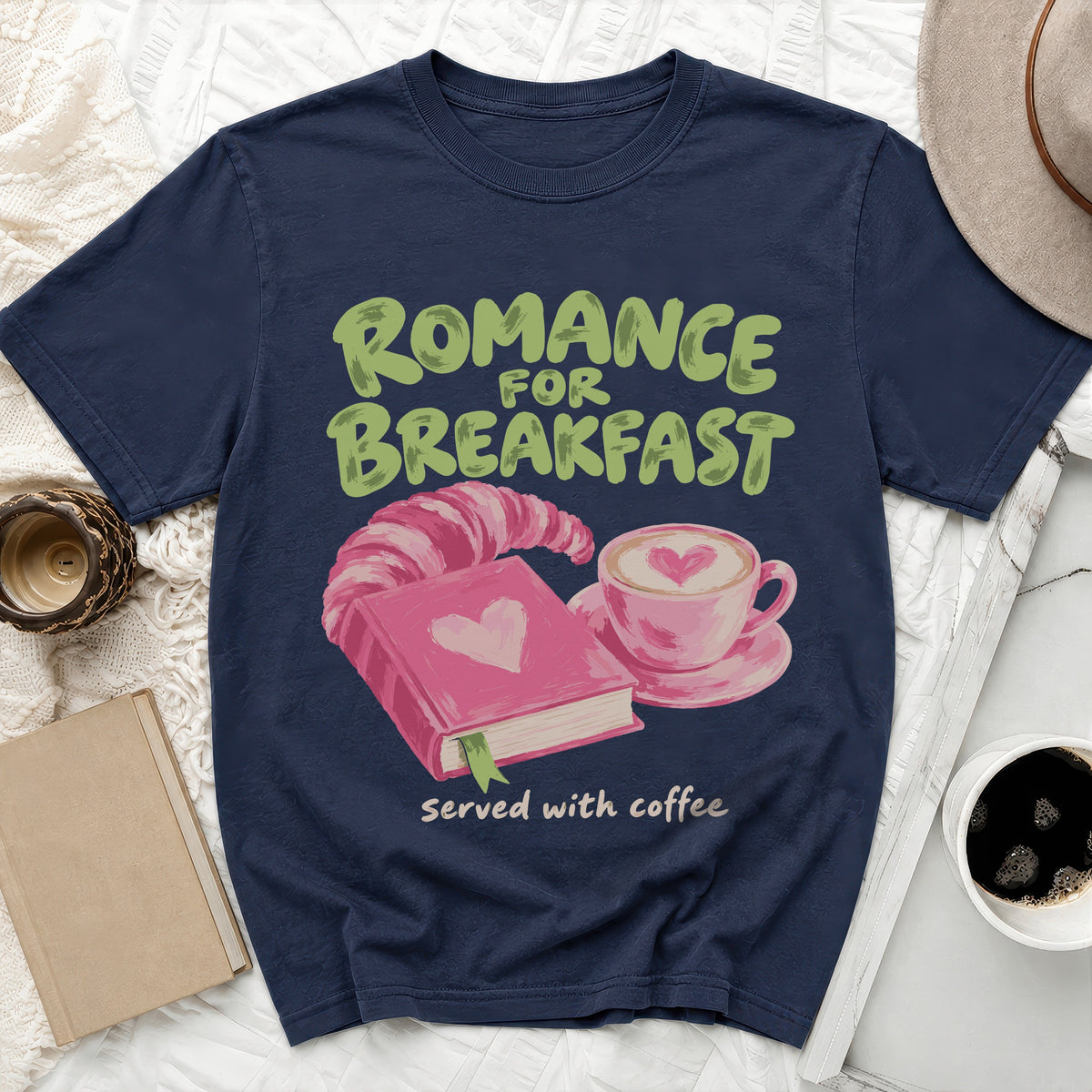 Navy t-shirt with "Romance for Breakfast served with coffee" graphic.