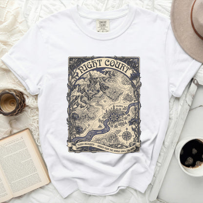 White t-shirt with a map design featuring "Night Court" and "Terra Incognita".