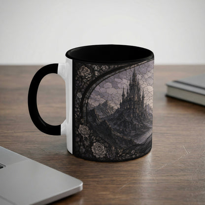 White mug with black handle featuring a dark, gothic castle and roses design.