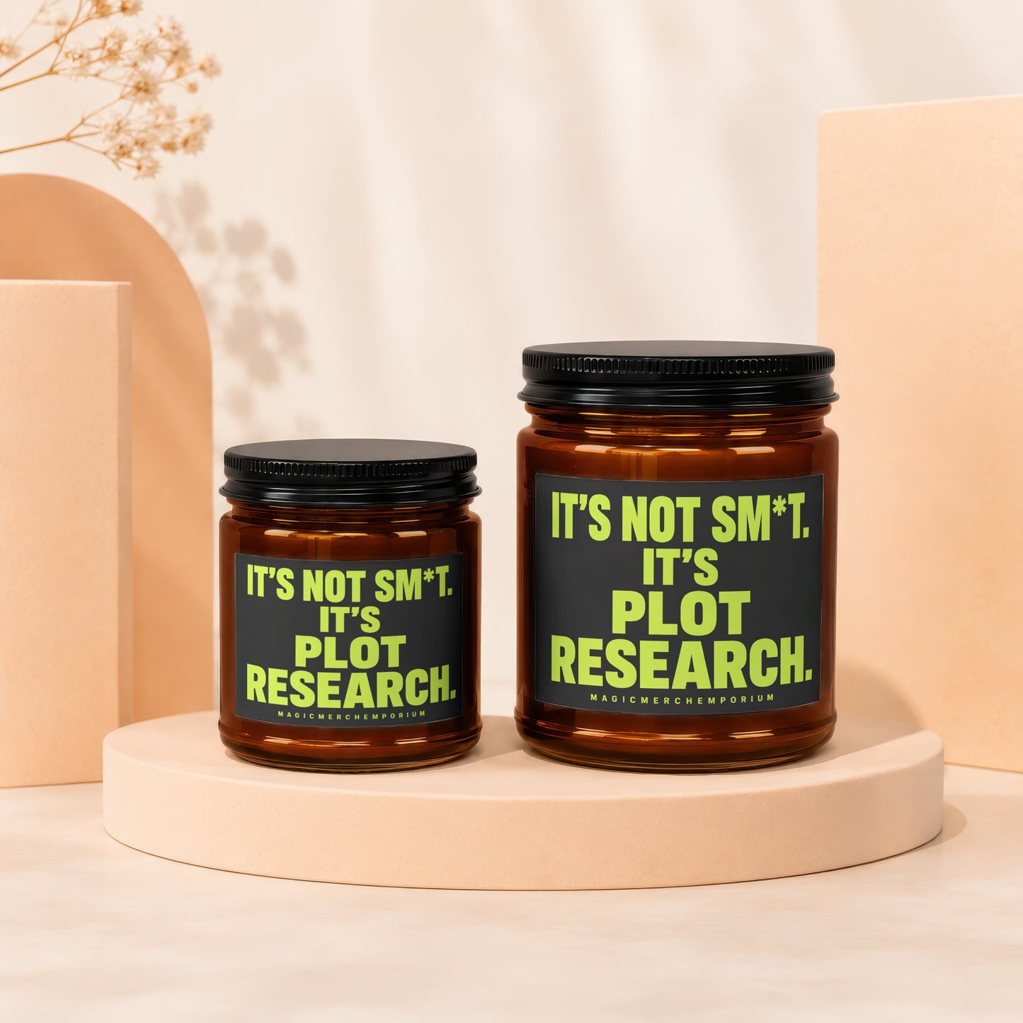 Two amber jars with black lids, labels read "It's Not Smart. It's Plot Research."