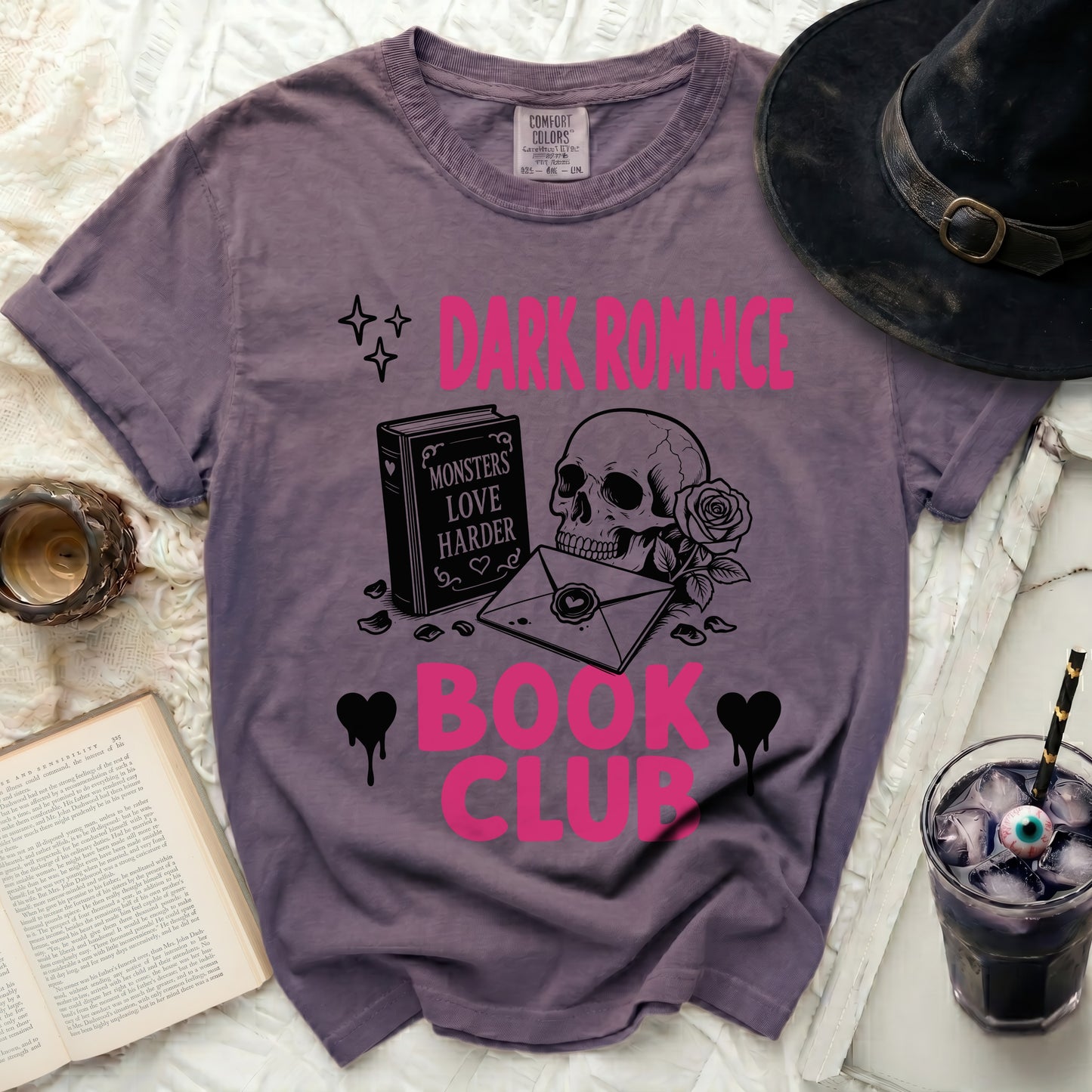 Dark Romance Book Club graphic tee with skull and roses.