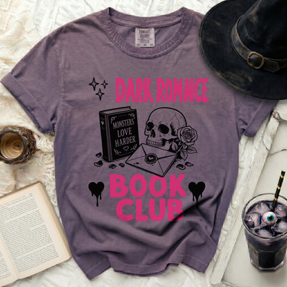 Dark Romance Book Club graphic tee with skull and roses.