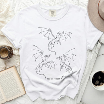 White t-shirt with three black dragon illustrations and text "THE EMPYREAN".