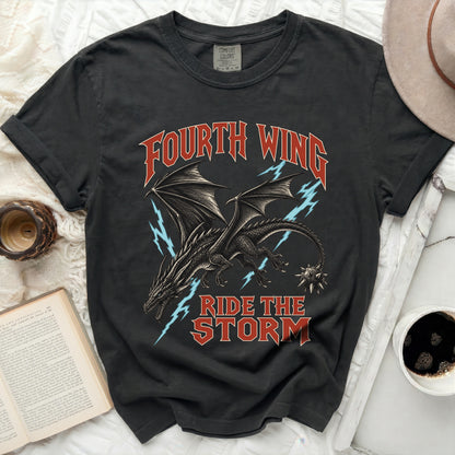 Black t-shirt with a dragon graphic and "Fourth Wing Ride The Storm" text.